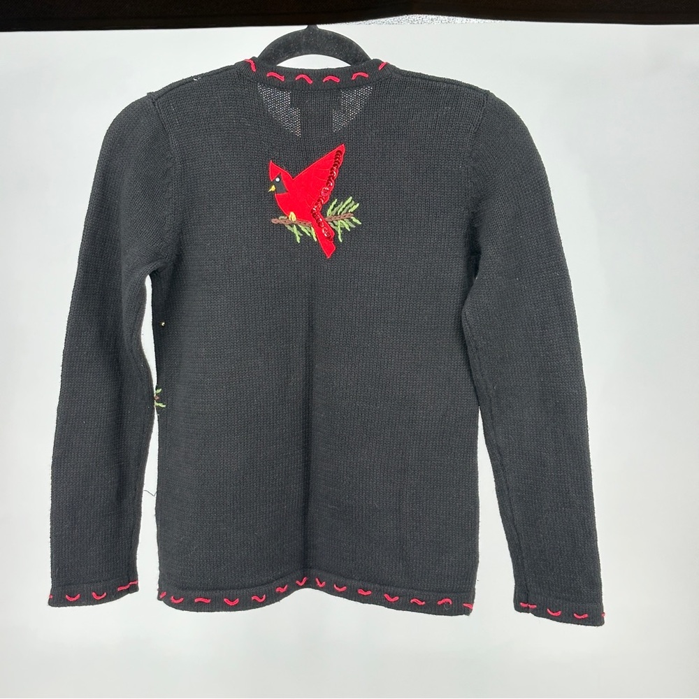 Small Black and Red Cardinal Cardigan Sweater Ugly Christmas Embroidered - Picture 6 of 7